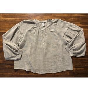 H&M Women’s Large Top Cotton Gauze Blouse Boxy Peasant Balloon Sleeve